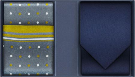 Zestaw prezentowy dla mężczyzny: granatowy krawat gładki i poszetka jedwabna w groszki EM 81