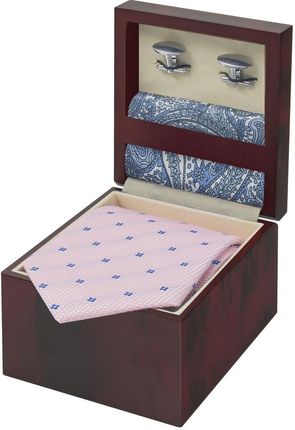 Zestaw Prezentowy dla mężczyzny w kolorze niebieskim i różowym: jedwabny krawat + poszetka jedwabna + spinki zapakowane w pudełko EM 6