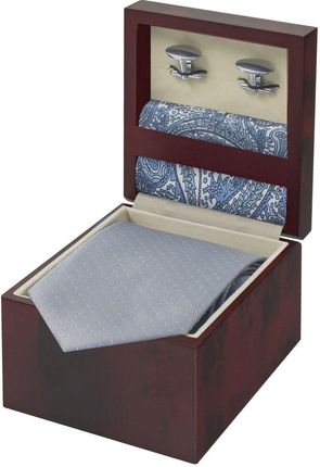 Zestaw Prezentowy dla mężczyzny w kolorze błękitnym: krawat + poszetka jedwabna + spinki zapakowane w pudełko EM 11