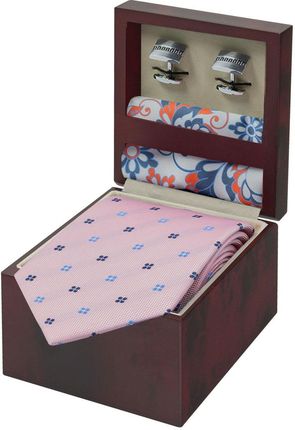 Zestaw Prezentowy dla mężczyzny w kolorze różowym: krawat + poszetka jedwabna + spinki zapakowane w pudełko EM 14