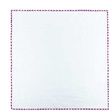 Poszetka lniana biała obszyta ręcznie z różowo-fioletową obwódką EM 13