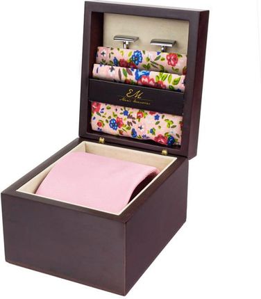 Zestaw Prezentowy dla mężczyzny klasyczny w kolorze różowym: krawat + poszetka + spinki zapakowane w pudełko EM 17