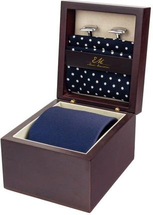 Zestaw ślubny dla mężczyzny klasyczny w kolorze granatowym: krawat + poszetka + spinki zapakowane w pudełko EM 24