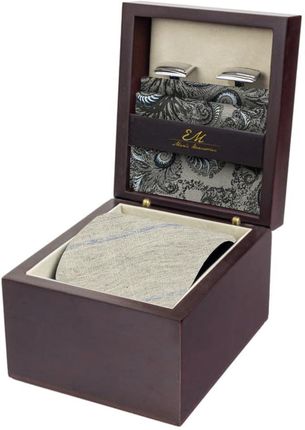 Zestaw Prezentowy dla mężczyzny w kolorze beżowym: krawat + poszetka jedwabna + spinki zapakowane w pudełko EM 19