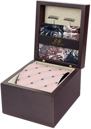 Zestaw Prezentowy dla mężczyzny w kolorze różowym: krawat + poszetka jedwabna + spinki zapakowane w pudełko EM 27