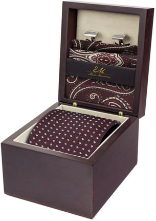 Zestaw Prezentowy dla mężczyzny w kolorze fioletowym: krawat + poszetka jedwabna + spinki zapakowane w pudełko EM 28