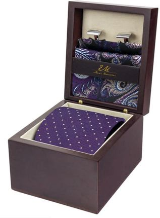 Zestaw Prezentowy dla mężczyzny w kolorze fioletowym: krawat + poszetka jedwabna + spinki zapakowane w pudełko EM 30