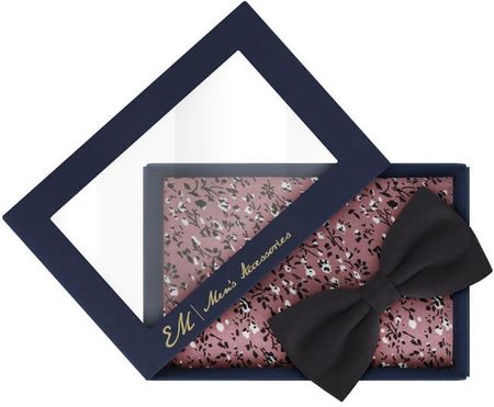 Zestaw dla mężczyzny: czarna mucha bawełniana + różowa poszetka bawełniana zapakowane w pudełko EM 13