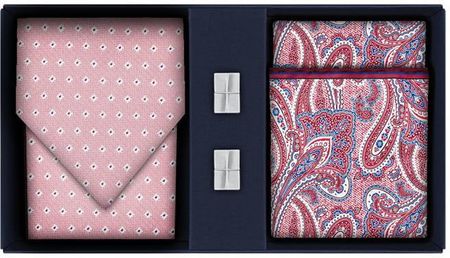 Zestaw Prezentowy dla mężczyzny w kolorze różowym: krawat + poszetka jedwabna + spinki zapakowane w pudełko EM 5