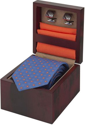 Zestaw Prezentowy dla mężczyzny w kolorze niebiesko-pomarańczowym: krawat + poszetka bawełniana + spinki zapakowane w pudełko EM 1