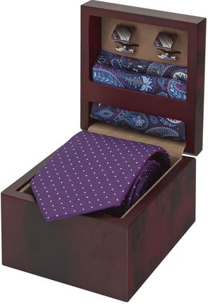 Zestaw Prezentowy dla mężczyzny w kolorze fioletowym: krawat + poszetka jedwabna + spinki zapakowane w pudełko EM 2