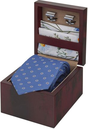 Zestaw Prezentowy dla mężczyzn w kolorze niebieskim: krawat + poszetka bawełniana + spinki zapakowane w pudełko EM 9