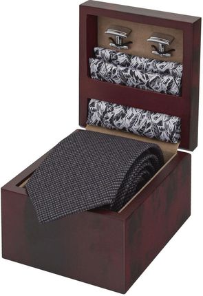 Zestaw Prezentowy dla mężczyzn w kolorze szarym: krawat + poszetka jedwabna + spinki zapakowane w pudełko EM 10