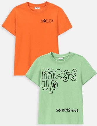 T-shirt z krótkim rękawem 2 pack miętowy z napisem i pomarańczowy z logo Mokida