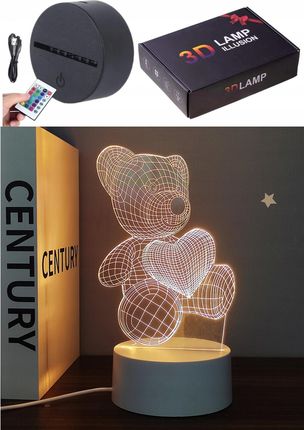 Lampka Nocna Neon Akryl Dekoracja 3D Hologram Led Rgb Miś Z Sercem + Pilot