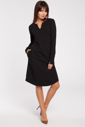 B017 Klasyczna sukienka z rozcięciem na dekolcie - czarna (kolor czarny, rozmiar L)