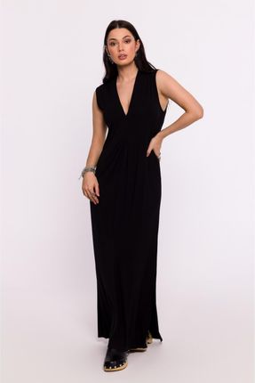 B284 Sukienka wiskozowa maxi z zakładką - czarna (kolor czarny, rozmiar XL)