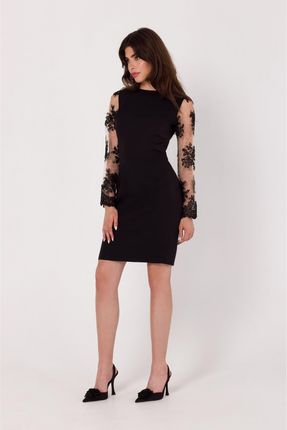 K182 Sukienka z rękawami z gipiury - czarna (kolor czarny, rozmiar XL)