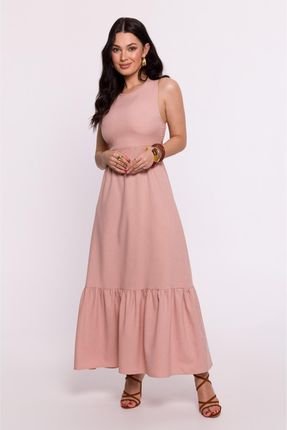 B281 Sukienka z gumowanym paskiem i wiązaniem na plecach - różowa (kolor róż, rozmiar L)