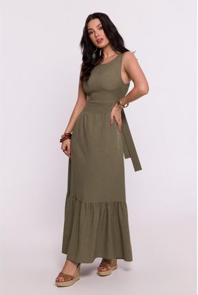 B281 Sukienka z gumowanym paskiem i wiązaniem na plecach - oliwkowa (kolor oliwka, rozmiar XL)
