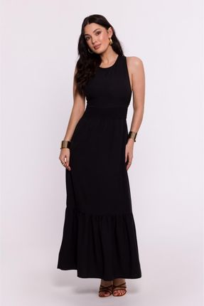 B281 Sukienka z gumowanym paskiem i wiązaniem na plecach - czarna (kolor czarny, rozmiar L)