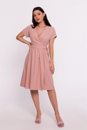 B279 Sukienka na zakładkę z wiązaniem w talii - różowa (kolor róż, rozmiar XXL)