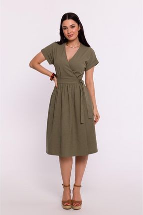 B279 Sukienka na zakładkę z wiązaniem w talii - oliwkowa (kolor oliwka, rozmiar XL)