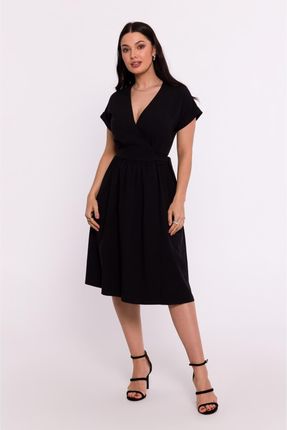 B279 Sukienka na zakładkę z wiązaniem w talii - czarna (kolor czarny, rozmiar XXL)