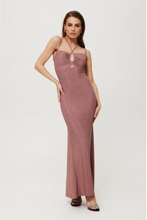 K188 Metaliczna sukienka maxi z wiązaniem w dekolcie - pudrowa (kolor pudrowy róż, rozmiar L)