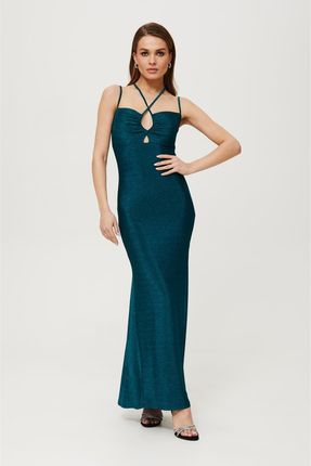 K188 Metaliczna sukienka maxi z wiązaniem w dekolcie - morska (kolor morski, rozmiar XL)