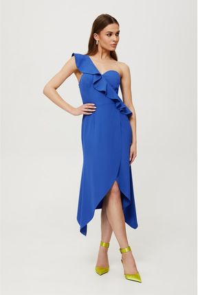 K185 Sukienka z falbaną na jedno ramię - niebieska (kolor niebieski, rozmiar XL)