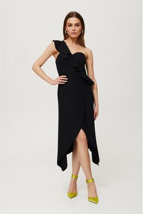 K185 Sukienka z falbaną na jedno ramię - czarna (kolor czarny, rozmiar L)