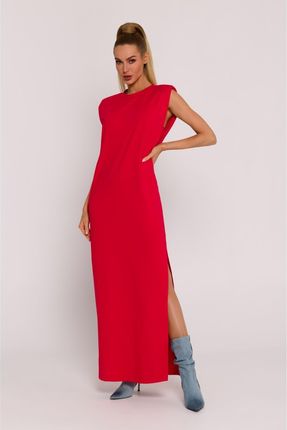 M790 Sukienka maxi z poduszkami na ramionach - czerwona (kolor czerwony, rozmiar S)