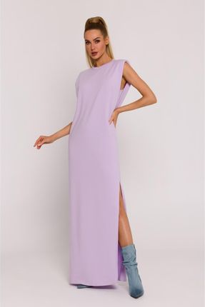 M790 Sukienka maxi z poduszkami na ramionach - fiołkowa (kolor purpurowy, rozmiar S)