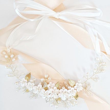 Kokonet Wianek Białe Kwiaty Złoty Na Komunię Ślub Z Listkami Perłami Giętka Ozdoba