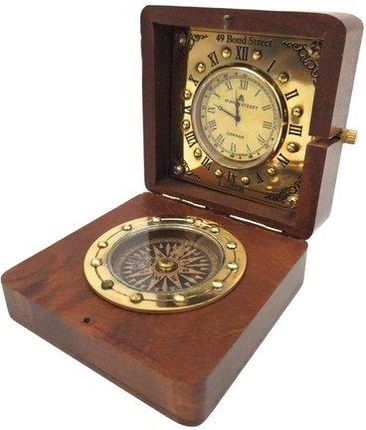 Giftdeco Kemis House Of Gadgets Ekskluzywny Zestaw Mosiężny Kompas I Zegar W Drewnianym Pudełku