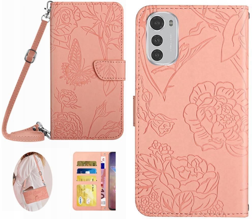 Para Motorola Moto E32 Case De Teléfono De Cuero En Relieve De Cuatro Hojas De Cuatro Hojas Oro Rosa