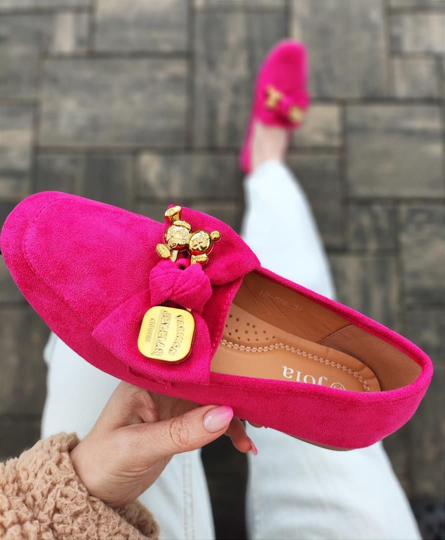 Różowe Fuksja Mokasyny Zamszowe z Ozdobą Miś Rozmiar 41