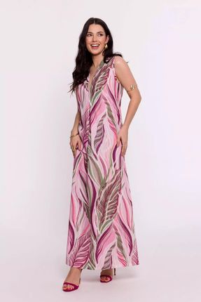 Letnia sukienka maxi z nadrukiem liści (Różowy, L)