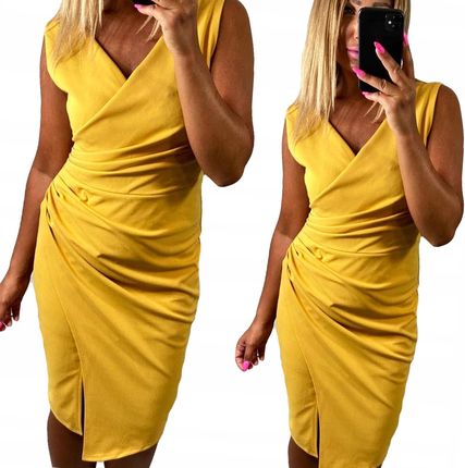 V771 Sukienka Kopertowa Bez Rękawa Z Rozcięciem Żółty r. 42 (XL)