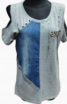 BLUZA bluzka z jeansem i łańcuszkami SHOP ART szara bawełna hit