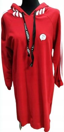 Sukienka tunika bluza dresowa czerwona z lampasami i kapturem