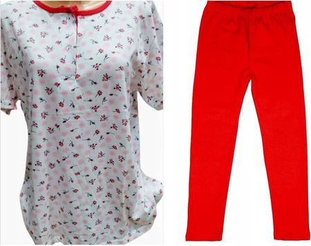 Piżama KOMPLET Bawełna zestaw Koszulka Spodnie r. 2XL czerwona kwiatki PLUS