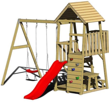 Wendi Toys Drewniana Wieża Do Zabawy Flaming Ze Zjeżdżalnią Ścianką Wspinaczkową 2 Huśtawkami I Stołem Piknikowym Natura 280X340X270Cm