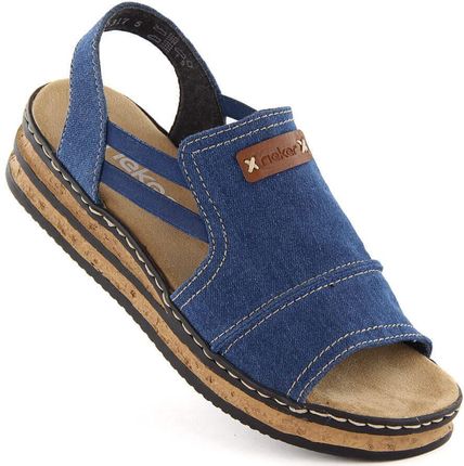 Komfortowe sandały damskie na platformie jeansowe Rieker 62982-12