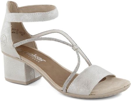 Komfortowe sandały damskie na obcasie na rzep srebrne Rieker 64654-40
