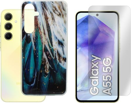 Gsm Hurt Etui Do Samsung Galaxy A55 5G A556 Gold Glam Pióra Pokrowiec Case I Szkło