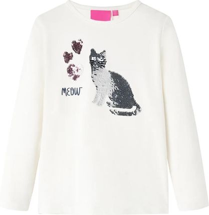 Koszulka dziecięca z długimi rękawami, kot z cekinów, ecru, 128
