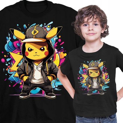 T-shirt Koszulka Dziecięca Bawełna Bajka Pokemon Pikachu Czarny 104 110