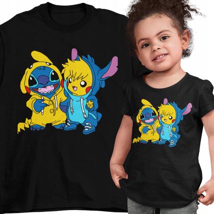 T-shirt Koszulka Dziecięca Czarna Pokemon Pikachu Lilo I Stitch 128 134